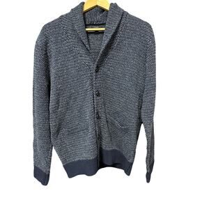 J Crew Men’s Sweater Birdseye Lambswool Shawl Collar Button Up Navy M Grandpa